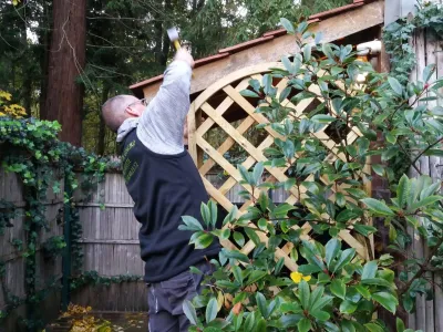 Installation d’un treillage en bois dans un jardin pour créer un support végétal et une séparation naturelle