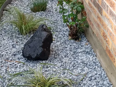 Coin décoratif avec sol en gravier blanc, plante et grosse pierre noire