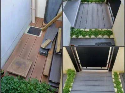 Construction d’une terrasse avec lames de bois et plantes décoratives le long du mur