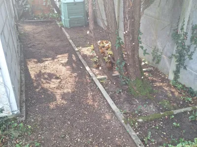 Allée de jardin étroite avec bordures et végétation le long d’un mur.