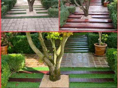 Allée de jardin avec dalles et lames de bois alternées, arbres et végétation autour
