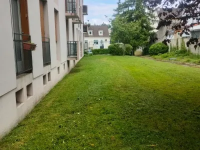 Pelouse entre bâtiments avec allée étroite et arbustes autour