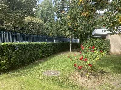 Pelouse avec haie et arbre, buisson à fleurs rouges, clôture en métal en arrière-plan