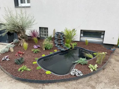 Bassin de jardin finalisé avec plantes, pierres décoratives et aménagement complet