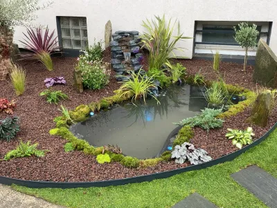 Vue générale d’un jardin aménagé avec bassin, plantes et bordure végétale