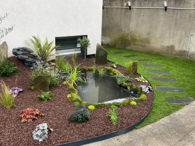 Aménagement paysager autour d’un bassin de jardin avec plantes et allée de pierre