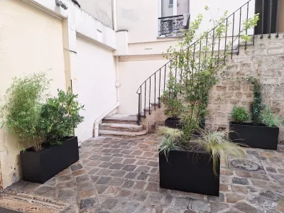 Aménagement de cour avec plantes et bambous dans des pots noirs décoratifs contre mur en pierre